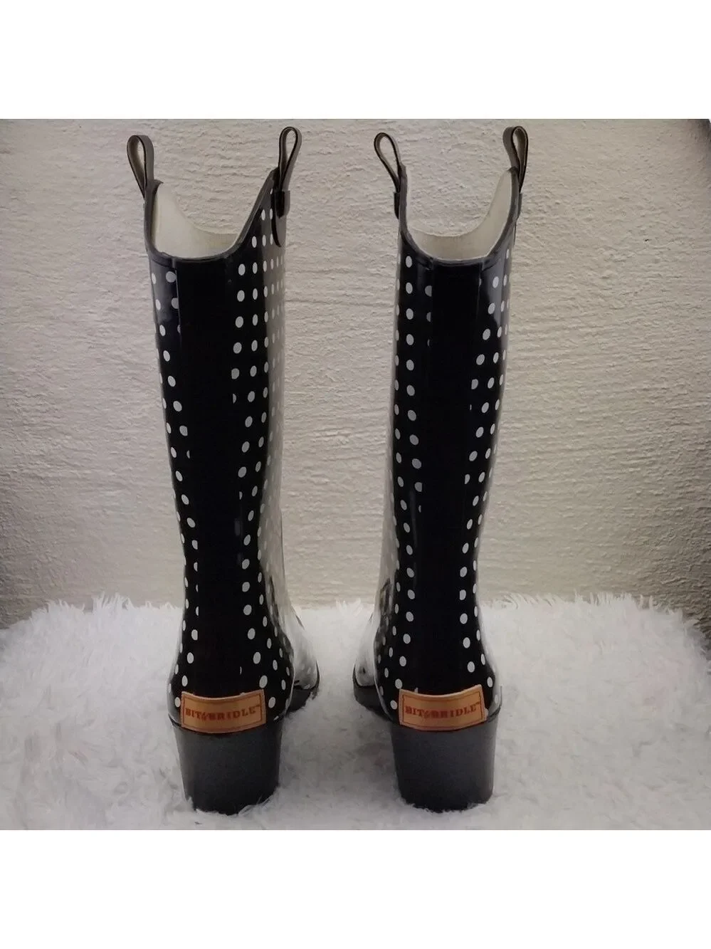 Bit & Bridle Black White Polka Dot Pointed Toe Heeled Western Style Rain Boot